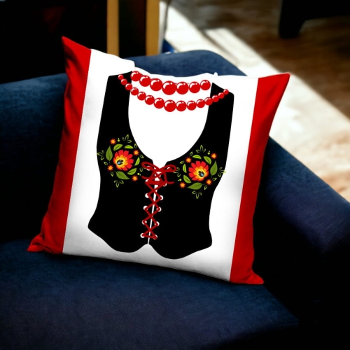 Poduszka dekoracyjna z wzorem łowickim, kamizelka z koralami.jpg
