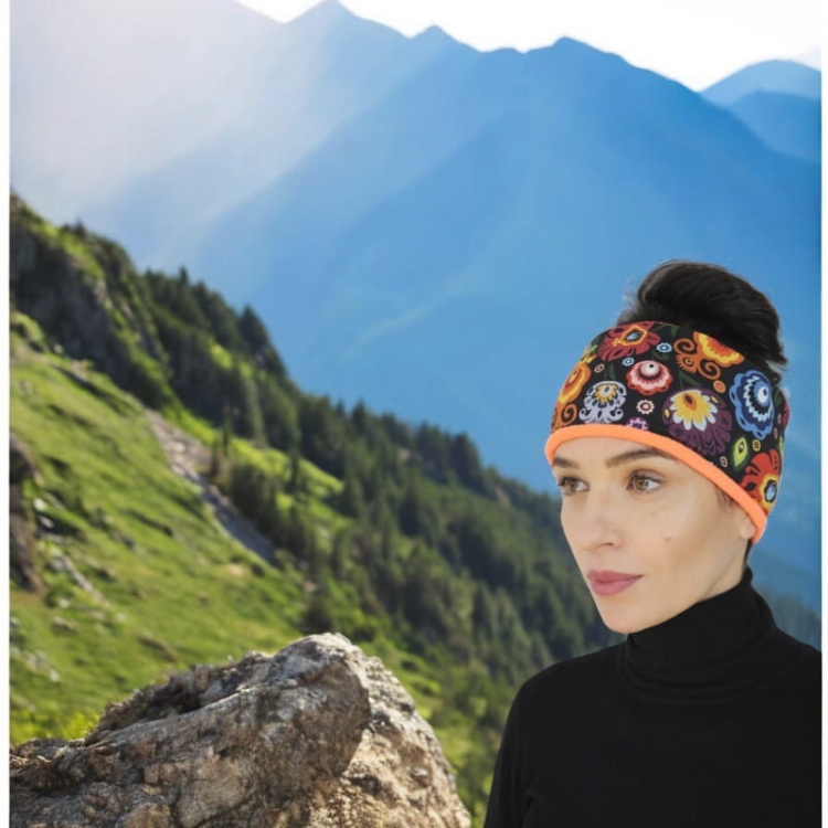 Opaska na głowę ocieplana folk łowicki czarna i pomarańczowa(1).jpg