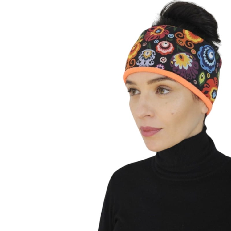 Opaska na głowę ocieplana folk łowicki czarna i pomarańczowa.jpg