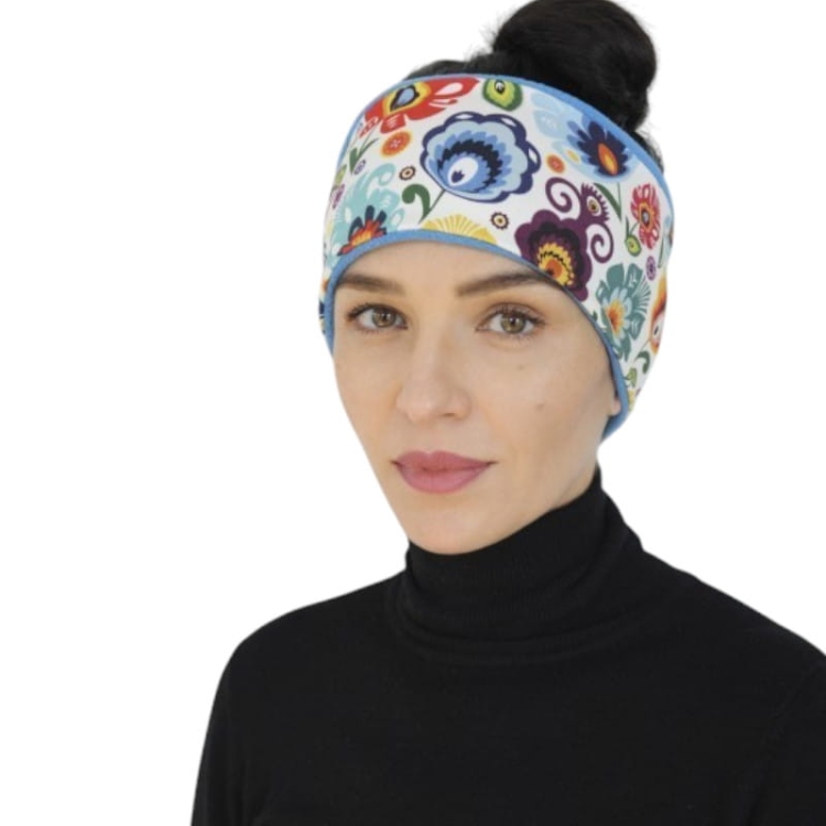 Opaska na głowę ocieplana folk łowicki biała i niebieska1.jpg