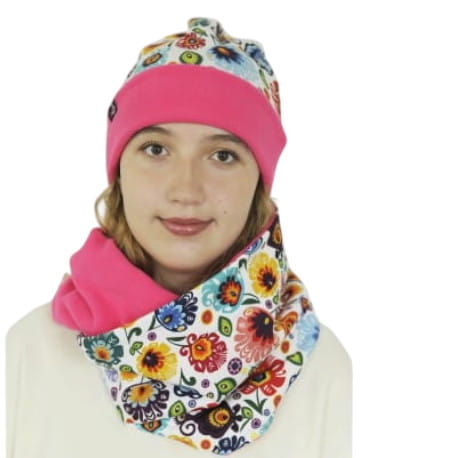 Komplet czapka i komin folk łowicki różowy2.jpg