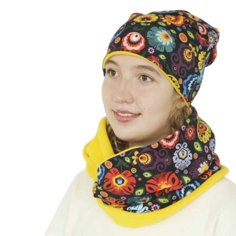 Komplet czapka i komin folk łowicki żółty2.jpg