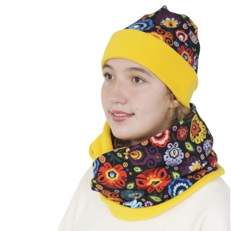 Komplet czapka i komin folk łowicki żółty1.jpg