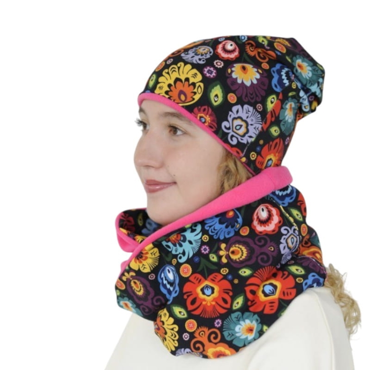 Komplet czapka i komin folk łowicki rozowy3.jpg