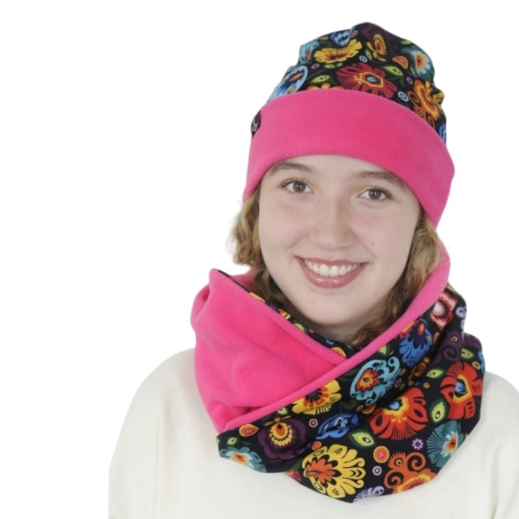 Komplet czapka i komin folk łowicki rozowy2.jpg