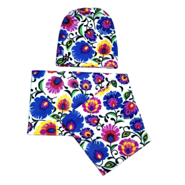 Komplet polarowa czapka i komin folk łowicki biały2.jpg