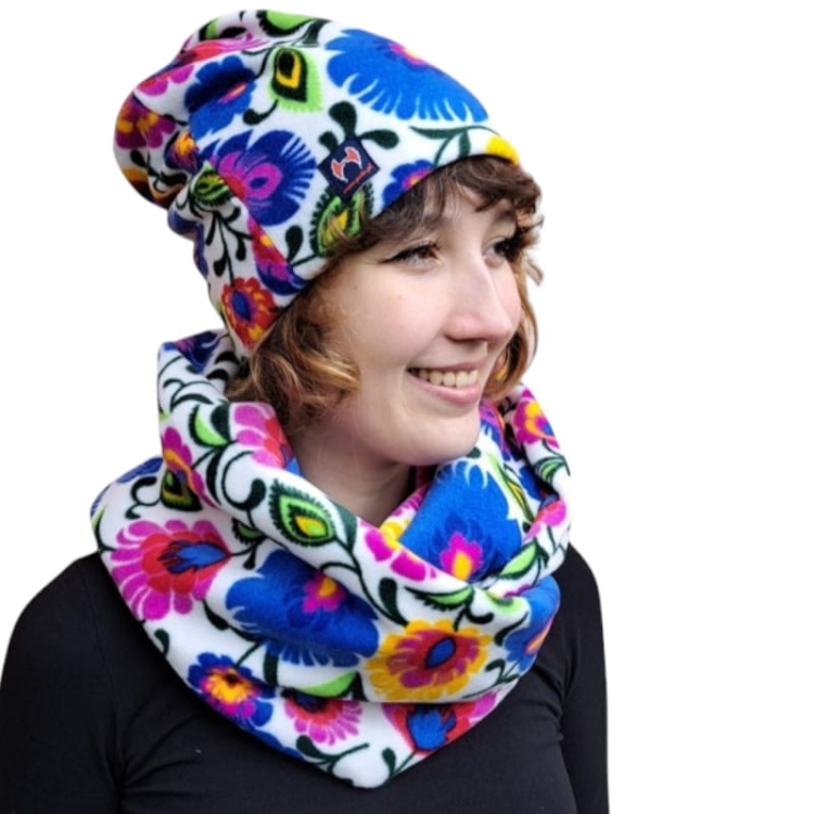 Komplet polarowa czapka i komin folk łowicki biały1.jpg