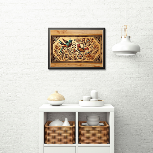 Dekoracja ścienna A4 z motywem folkowym – para ptaków otoczona roślinnymi zdobieniami, druk na papierze 210g.