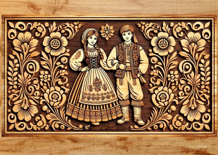 Obrazek folkowy A4 – para w tradycyjnych strojach ludowych otoczona kwiatowym ornamentem, styl inspirowany polskim folklorem.