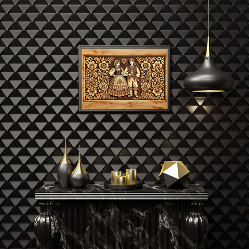 Dekoracyjny obrazek A4 – postacie w tradycyjnych polskich ubiorach na tle ornamentów kwiatowych, lakierowany papier.