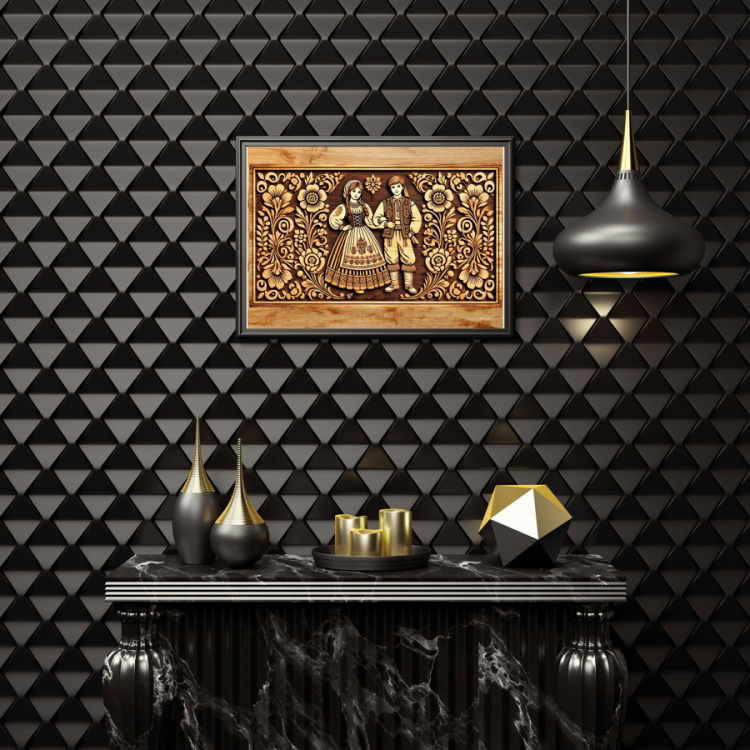 Dekoracyjny obrazek A4 – postacie w tradycyjnych polskich ubiorach na tle ornamentów kwiatowych, lakierowany papier.