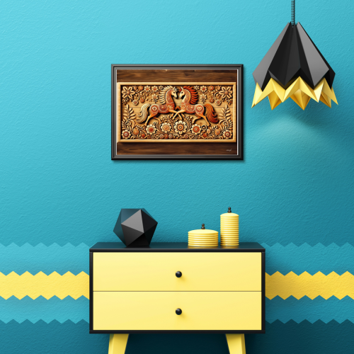 Dekoracja A4 – konie w stylu folklorystycznym, inspirowana polską sztuką ludową, intensywne kolory i detale.