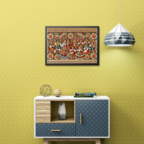 Ilustracja folkowa A4 – taniec i muzyka w stylu ludowym, barwne stroje i ornamenty, druk na lakierowanym papierze.