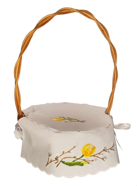 Serwetka haftowana do koszyczka wielkanocnego – bazie i żółty kwiat.jpg