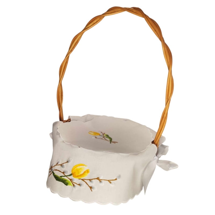 Serwetka haftowana do koszyczka wielkanocnego – bazie i żółty kwiat1.jpg