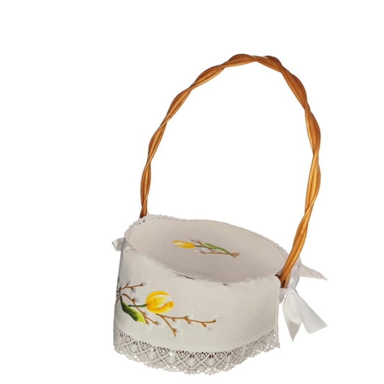 Serwetka do koszyczka wielkanocnego z haftem – bazie i żółty kwiat + koronka.jpg