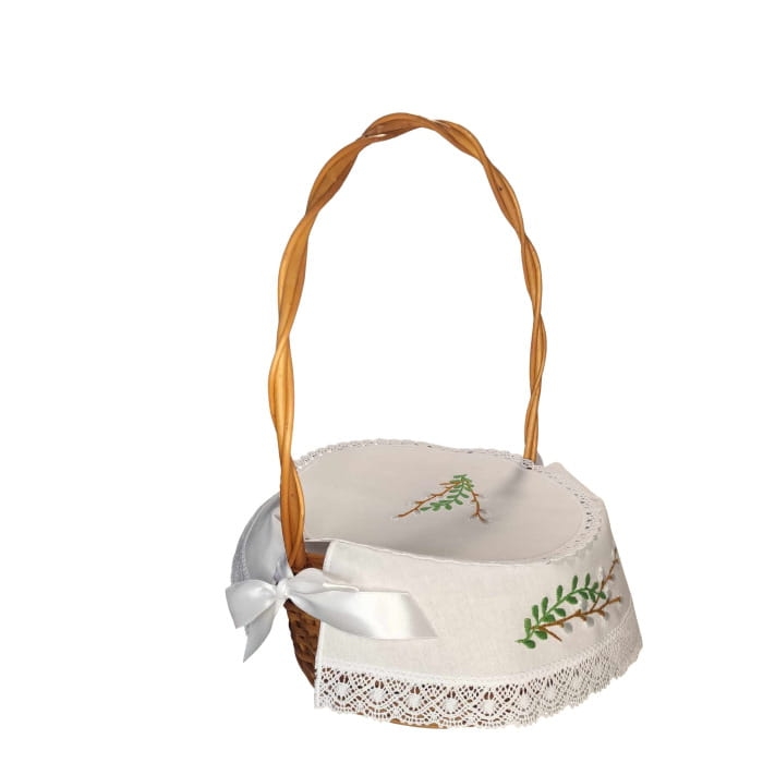 Haftowana serwetka do koszyczka wielkanocnego – bazie z zielonymi listkami i koronką2.jpg