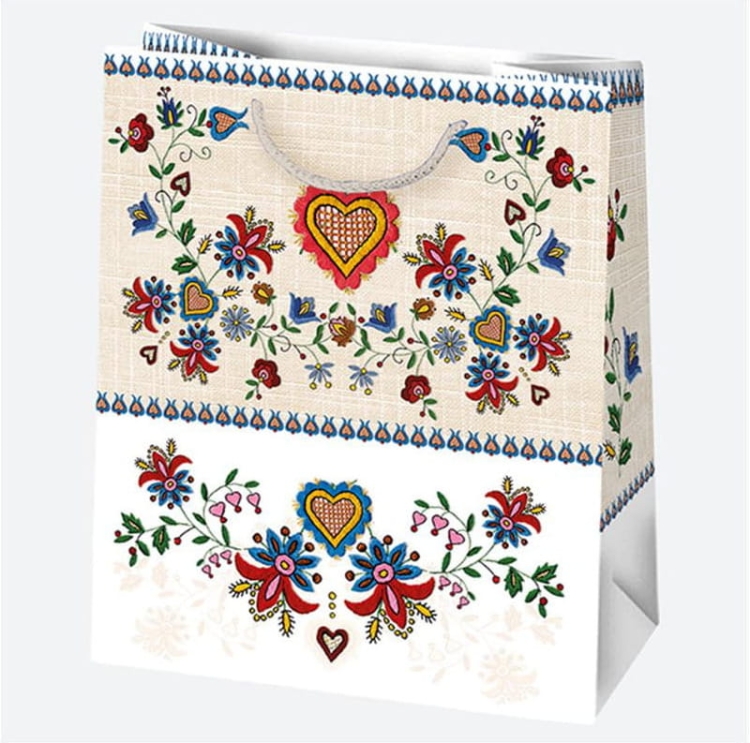 Mała torebka ozdobna z motywem haftu kaszubskiego szkoły wdzydzkiej – eleganckie opakowanie na prezent