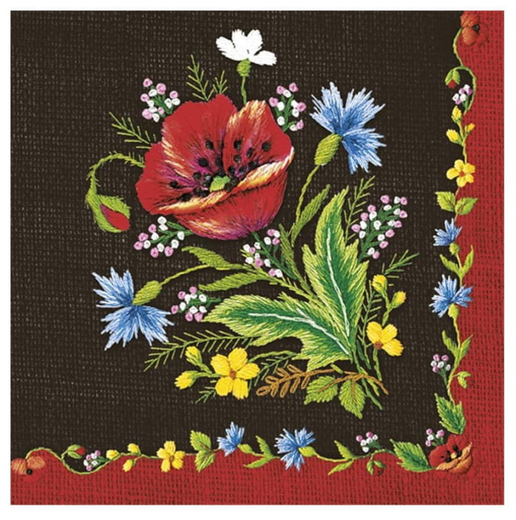 Serwetki papierowe 33×33 cm, 12 szt., z motywem maków i chabrów na czarnym tle z czerwonym obramowaniem, styl folk