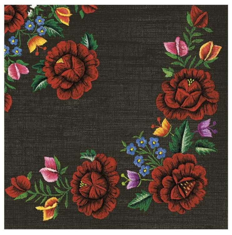 Papierowe serwetki 33 × 33 cm z motywem czerwonych róż i góralskich kwiatów na czarnym tle – dekoracja stołu w stylu folkowym.