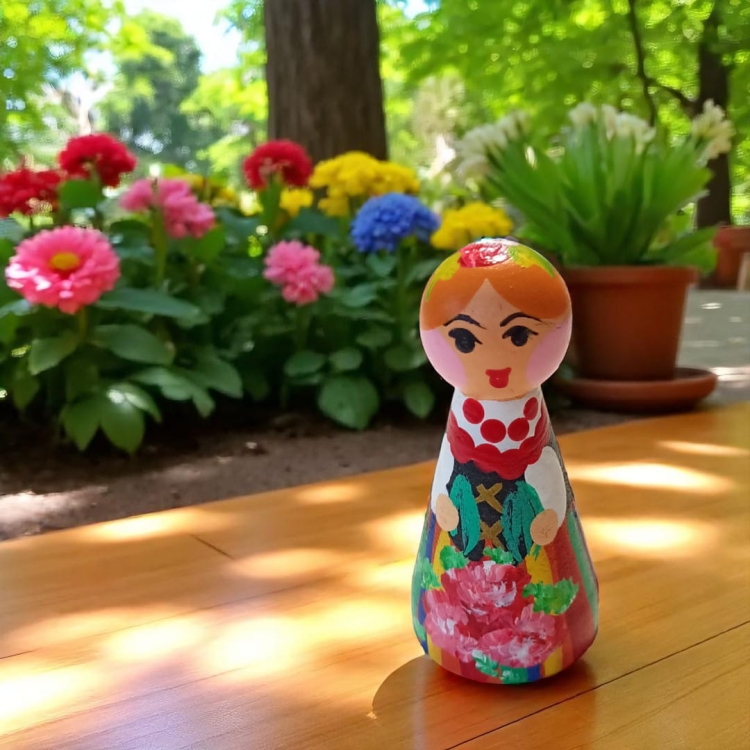 Kolorowa drewniana lalka folkowa w pasiastym stroju. Rękodzieło z Polski – idealne na prezent i jako dekoracja.