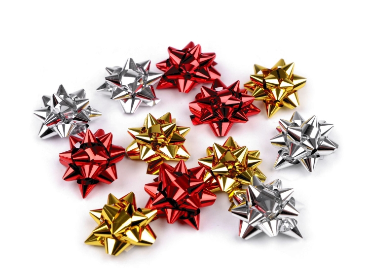 Zestaw 20 metalicznych rozet samoprzylepnych w kolorach: czerwonym, złotym i srebrnym. Idealne do dekoracji prezentów.