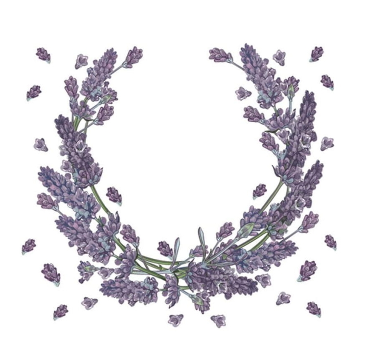 Serwetki z motywem lawendy – ozdobny wieniec na jasnym tle, komplet 20 sztuk, styl botaniczny.