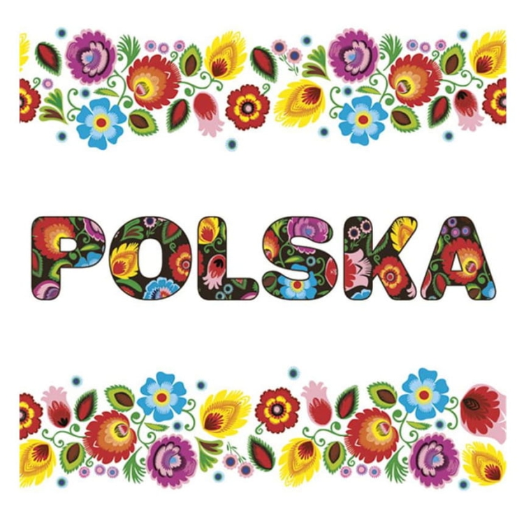 Serwetki dekoracyjne z napisem „Polska” ozdobione kolorową grafiką kwiatów w stylu łowickim, 20 sztuk.