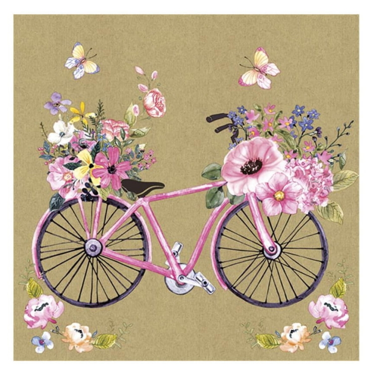 Serwetki papierowe 16,5×16,5 cm z nadrukiem różowego roweru z koszem pełnym kwiatów, w stylu retro. Komplet 20 sztuk.