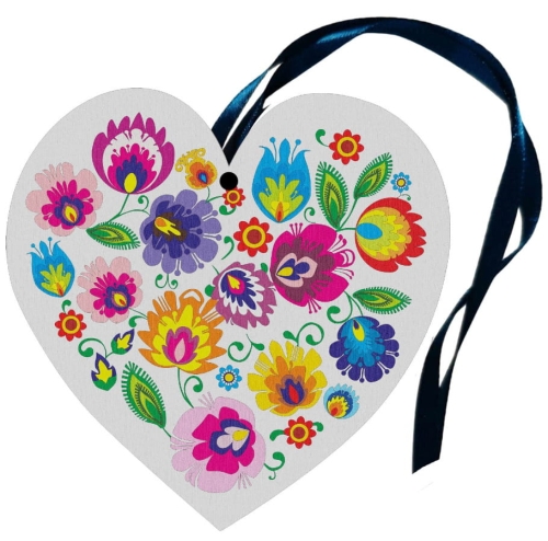 Drewniana zawieszka w kształcie serca z motywem łowickim to folkowa ozdoba o intensywnych kolorach i rękodzielniczym charakterze.