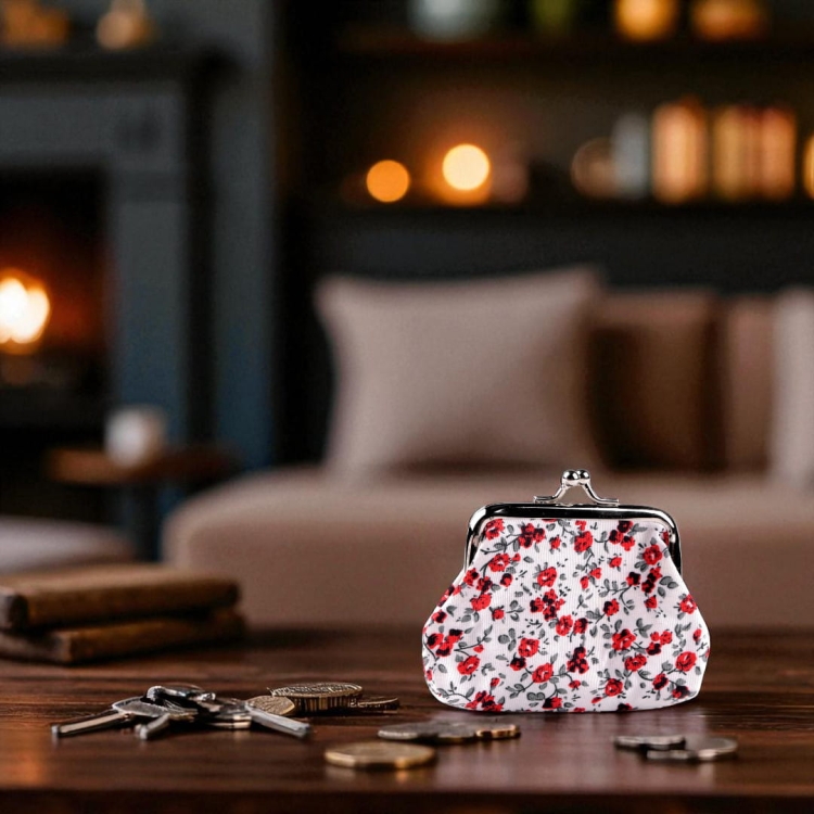 Romantyczna portmonetka vintage w czerwone kwiaty, białe tło, praktyczna na monety i drobiazgi.