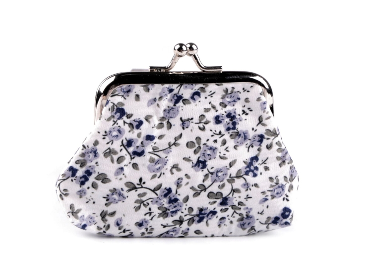 Portmonetka damska z motywem niebieskich kwiatów, lekka, kompaktowa, idealna do torebki.