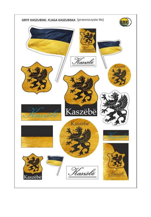 Zestaw naklejek kaszubskich z gryfem i flagą regionu. Arkusz 14,7 x 21 cm na przezroczystym podkładzie – idealny do dekoracji i pamiątek z Pomorza.