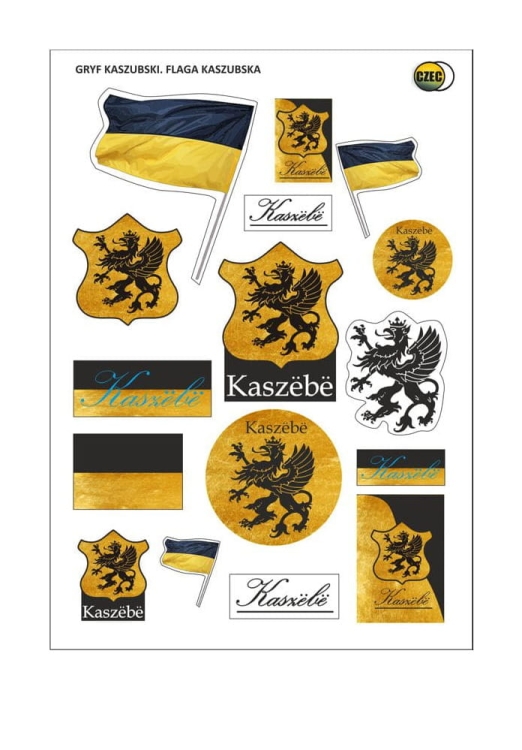 Zestaw naklejek kaszubskich z gryfem i flagą regionu. Arkusz 14,7 x 21 cm na białym podkładzie – idealny do folkowych dekoracji i pamiątek z Pomorza.