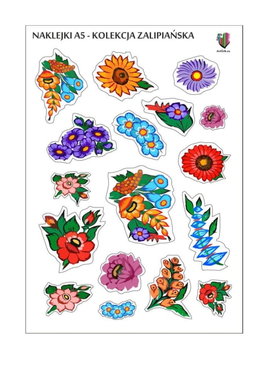 Zestaw naklejek inspirowanych kwiatami Zalipia. Arkusz 14,7 x 21 cm na białym podkładzie – idealny do folkowych dekoracji, prezentów i scrapbookingu.