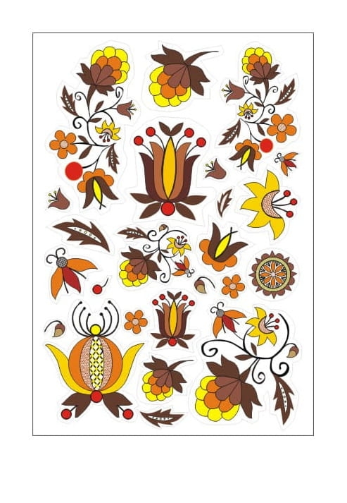 Zestaw 23 naklejek inspirowanych haftem borowiackim. Arkusz 14,7 x 21 cm na białym podkładzie – idealny do folkowych dekoracji, prezentów i scrapbookingu.