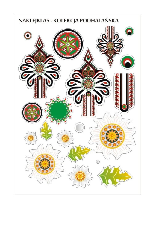 Naklejki folkowe Podhale – parzenica i szarotka, arkusz A5, przezroczyste tło.