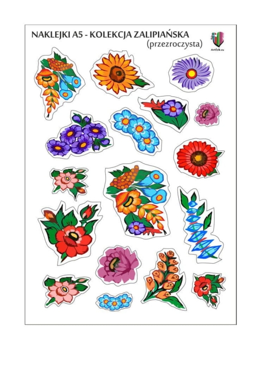 Zestaw naklejek inspirowanych kwiatami Zalipia. Arkusz 14,7 x 21 cm na przezroczystym podkładzie – idealny do folkowych dekoracji, prezentów i scrapbooking