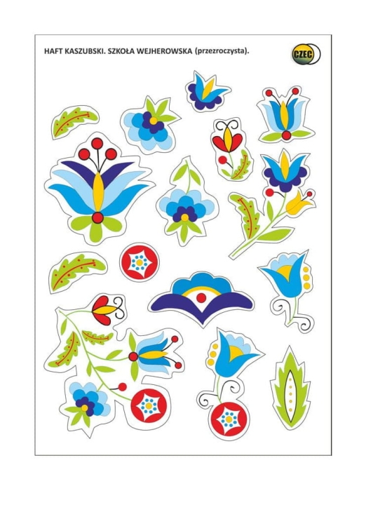 Zestaw naklejek z haftem kaszubskim szkoły wejherowskiej. Arkusz 14,7 x 21 cm – idealny do dekoracji, scrapbookingu i folkowych pamiątek.