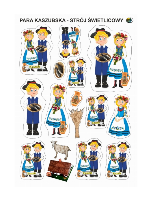 Zestaw naklejek para kaszubska w stroju ludowym. Arkusz 14,7 x 21 cm na białym podkładzie – idealny do folkowych dekoracji i scrapbookingu.