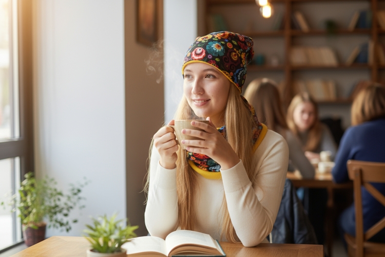 Komplet czapka i komin folk łowicki żółty