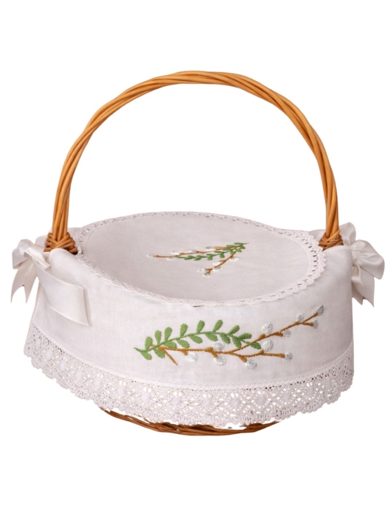 Haftowana-serwetka-do-koszyczka-wielkanocnego -bazie-z-zielonymi-listkami-koronka.jpg