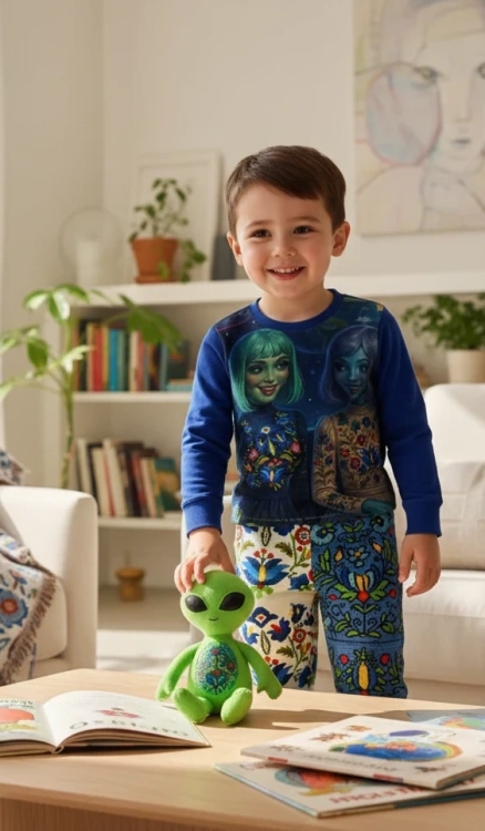 Dziecieca_pizama_kaszubska_kosmitkami_folkowy_komplet_spania