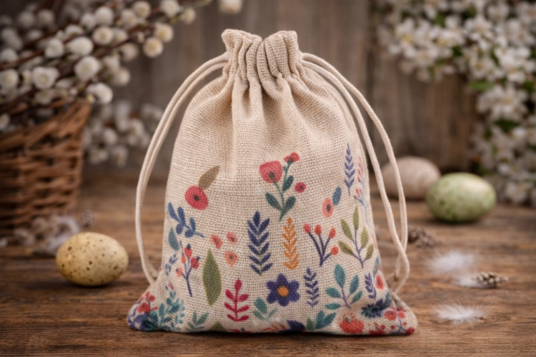 Woreczek podarunkowy 10x13 cm lniany kwiaty