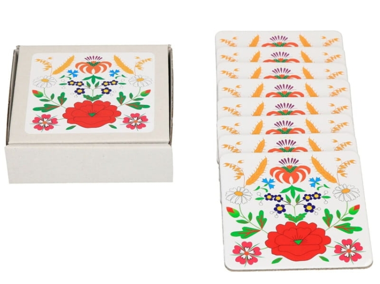 Zestaw podkładek korkowych z haftem kociewskim – 8 sztuk, 9 × 9 cm