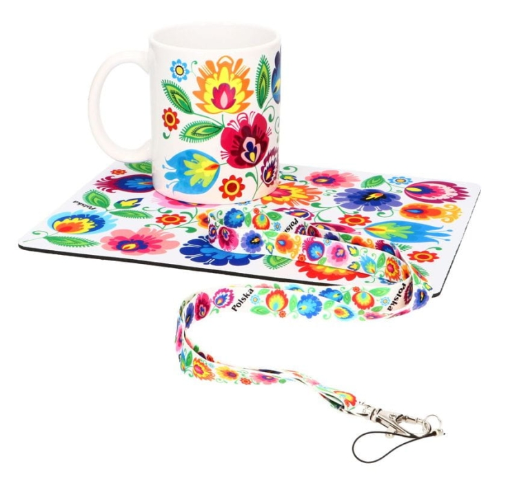 zestaw kubek, podkladka, smycz Łowicz, ludowy folklor