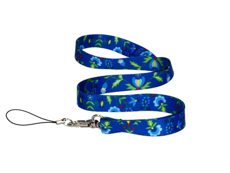 Czarna smycz z haftem kaszubskim w stylu szkoły żukowskiej – kolorowy, dwustronny nadruk, karabińczyk i zaczep do telefonu.