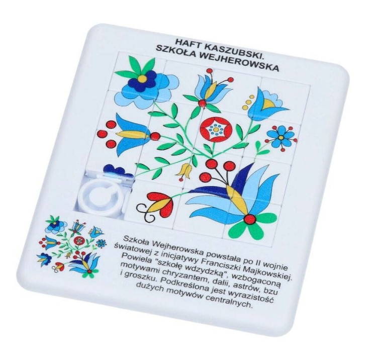 Puzzle edukacyjne dla dzieci – 15 kostek z motywem haftu kaszubskiego (szkoła wejherowska), kolorowy wzór ludowy na białym tle.