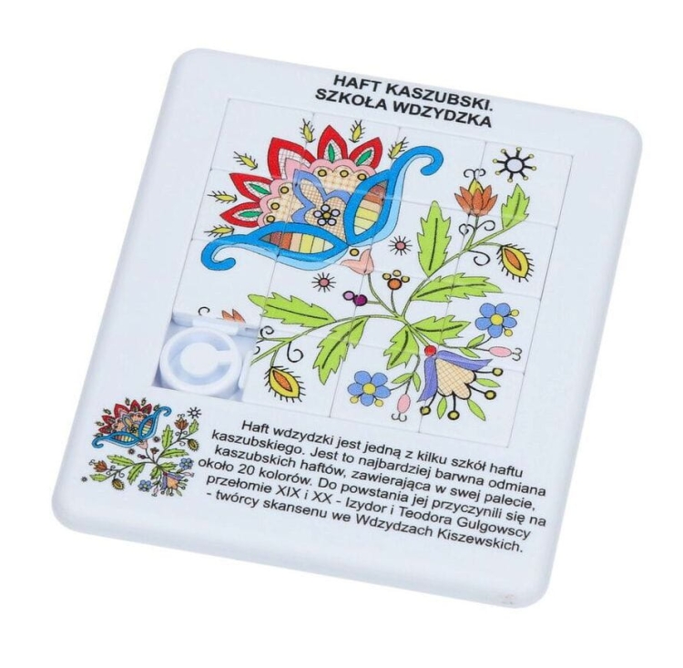 Puzzle edukacyjne z motywem haftu kaszubskiego szkoły wdzydzkiej, 15 kostek z kolorowym folklorem ludowym.
