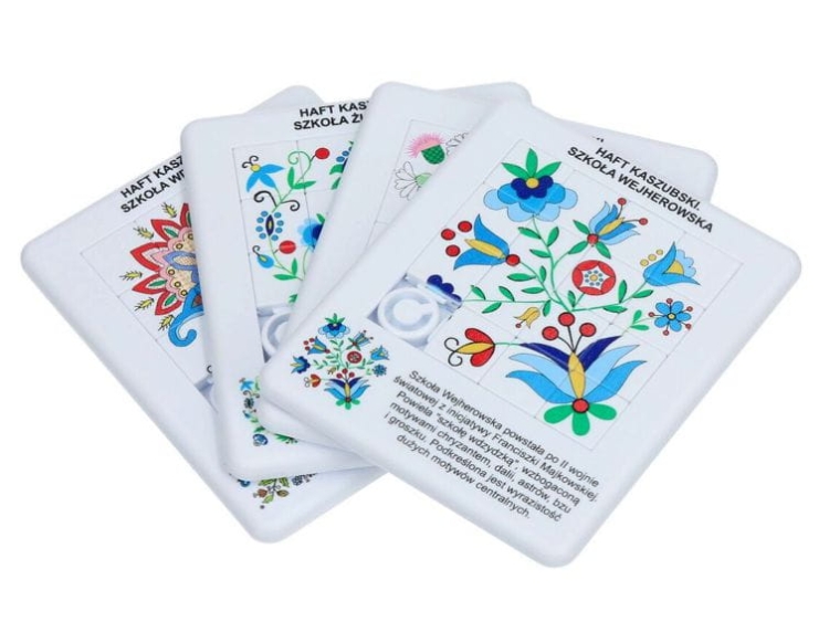 Układanka folkowa dla dzieci, przedstawiająca kaszubski haft szkoły wdzydzkiej, kolorowe wzory na 15 elementach.